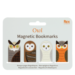 Owl magnetic bookmarks set featuring four owl designs in assorted colours and patterns