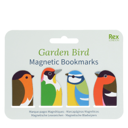 Garden bird magnetic bookmarks set featuring four colourful bird designs