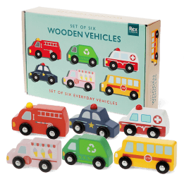 Set of six wooden toy vehicles with storage box, including bus, ambulance and fire engine