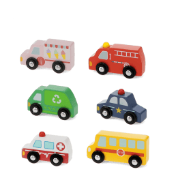 Set of six wooden toy vehicles, including bus, ambulance and fire engine