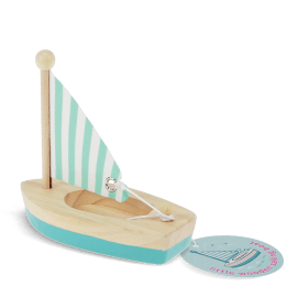 Good catch. From the image alone, the sail appears to be a flat printed panel and not clearly fabric. For accurate alt text, I'd avoid specifying the material.  Little wooden sailing boat with turquoise hull and striped sail with tag