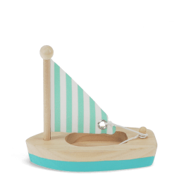 Good catch. From the image alone, the sail appears to be a flat printed panel and not clearly fabric. For accurate alt text, I'd avoid specifying the material.  Little wooden sailing boat with turquoise hull and striped sail