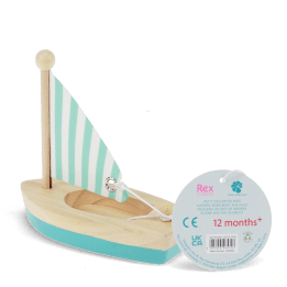 Good catch. From the image alone, the sail appears to be a flat printed panel and not clearly fabric. For accurate alt text, I'd avoid specifying the material.  Little wooden sailing boat with turquoise hull and striped sail with tag