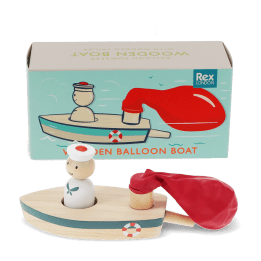 Wooden balloon-powered toy boat with detachable balloon and illustrated storage box