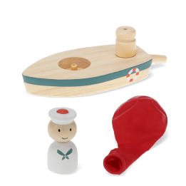 Wooden balloon-powered toy boat with detachable balloon