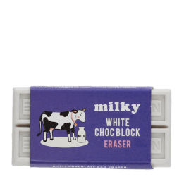 Milky white chocolate bar eraser in retail packaging