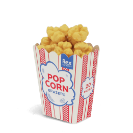 Popcorn-shaped erasers in striped cinema-style carton