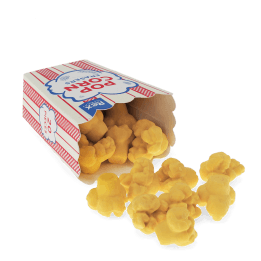 Popcorn-shaped erasers in striped cinema-style carton