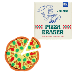 Pizza-shaped eraser with seven detachable slices and retail box