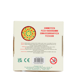 Back view of pizza eraser box with product safety information