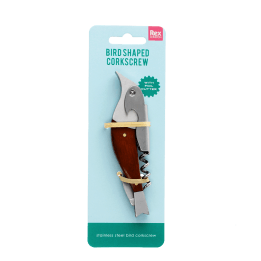 Bird-shaped stainless steel corkscrew with foil cutter and wooden handle in retail packaging.