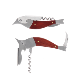 Bird-shaped stainless steel corkscrew with foil cutter and wooden handle