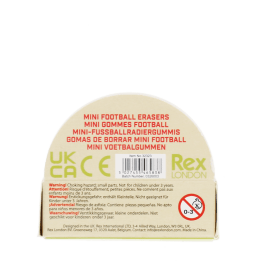 Back of mini football eraser packaging with product information