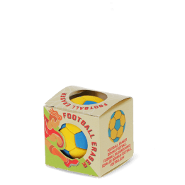 Football-shaped eraser in yellow and blue in retail packaging