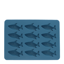 Shark-shaped ice cube tray with 12 shark moulds in blue