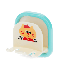 Children's cat-themed toothbrush holder with blue backing