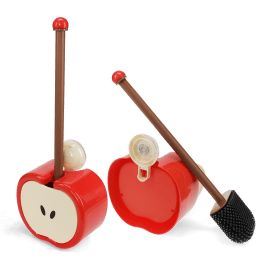 Red apple-shaped wall-mounted toilet brush with holder and black bristle head