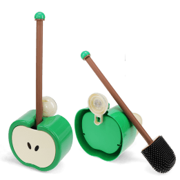 Green apple-shaped wall-mounted toilet brush with holder and black bristle head