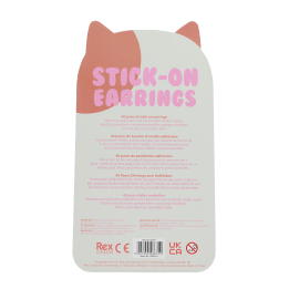 Back of stick-on earrings packaging with product information and safety warnings
