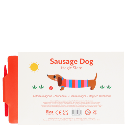Back of sausage dog magic slate packaging with product information and stylus pen