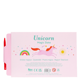 Back of unicorn magic slate packaging with product information and stylus pen
