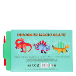 Back of dinosaur magic slate packaging with product information and stylus pen