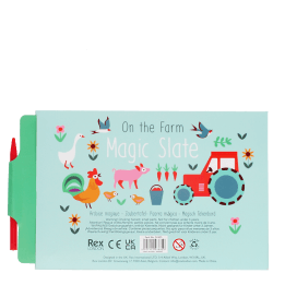 Back of farmyard magic slate packaging with product information and stylus pen
