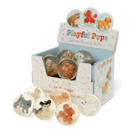 Playful Pups glitter bouncy balls display box with assorted puppy designs inside clear balls