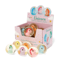 Unicorn glitter bouncy balls display box with assorted colourful unicorn designs