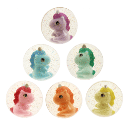 Glitter bouncy balls with assorted unicorn figures inside clear sparkly designs