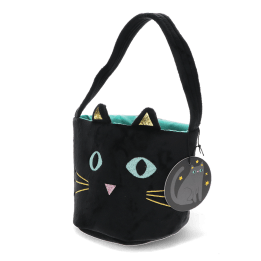 Black velvet cat-shaped bag with embroidered face, glitter ears and shoulder strap