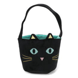 Black velvet cat-shaped bag with embroidered face, glitter ears and shoulder strap