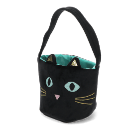 Black velvet cat-shaped bag with embroidered face, glitter ears and shoulder strap
