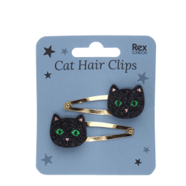 Set of two glitter black cat hair clips in retail card packaging