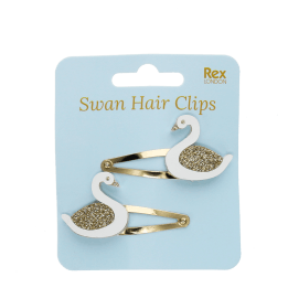 Set of two swan hair clips with glitter wings and gold-toned snap clips