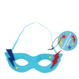 Blue superhero eye mask with lightning bolt accents, star details and strap shown with tag
