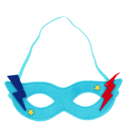 Blue superhero eye mask with lightning bolt accents, star details and strap