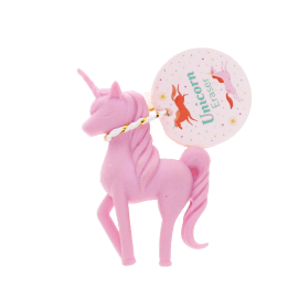 Pink unicorn-shaped eraser tail and raised unicorn horn with tag.