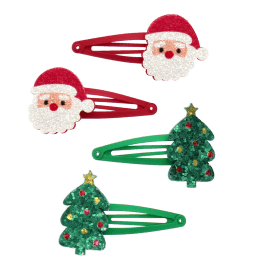 Set of four Christmas hair clips featuring Santa faces and glitter Christmas trees