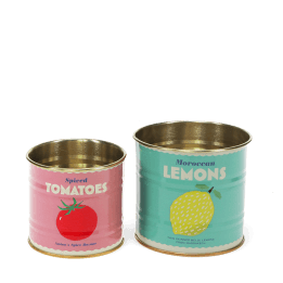 Decorative storage tins labelled "Spiced Tomatoes" and "Moroccan Lemons"