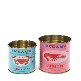 Ocean-themed decorative storage tins labelled "Ocean Crab" and "Lobster"