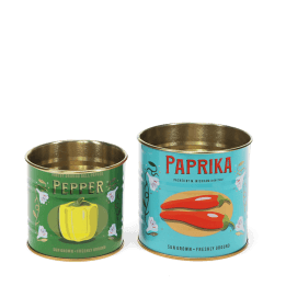 Decorative storage tins labelled "Pepper" and "Paprika" with illustrated peppers