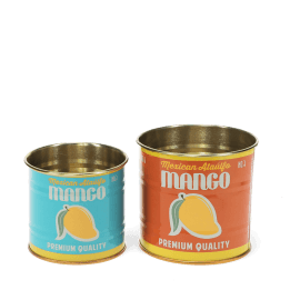 Decorative storage tins featuring vintage-style mango illustrations