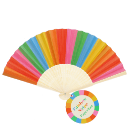 Rainbow-striped recycled paper hand fan with cream handle and colourful folding design.