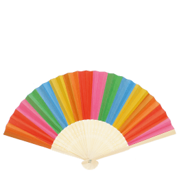 Rainbow-striped recycled paper hand fan with cream handle and colourful folding design.