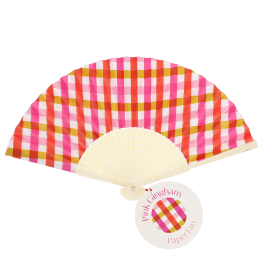 Pink and orange gingham recycled paper hand fan with cream handle and folding design.