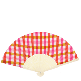 Pink and orange gingham recycled paper hand fan with cream handle and folding design.