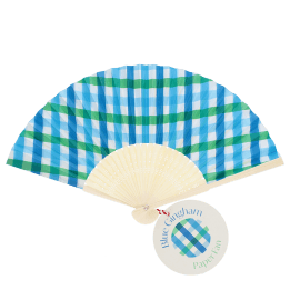 Blue and green gingham recycled paper hand fan with cream handle and folding design.