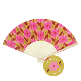 Retro daisy recycled paper hand fan with pink floral pattern and cream folding handle.