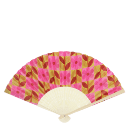 Retro daisy recycled paper hand fan with pink floral pattern and cream folding handle.